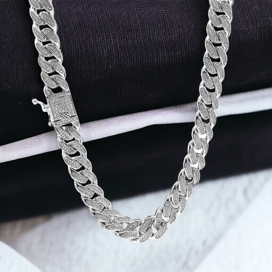 STNB-15 925 Silver 12mm Square Stone Lock Cuban Chain 16in 18in Net Price