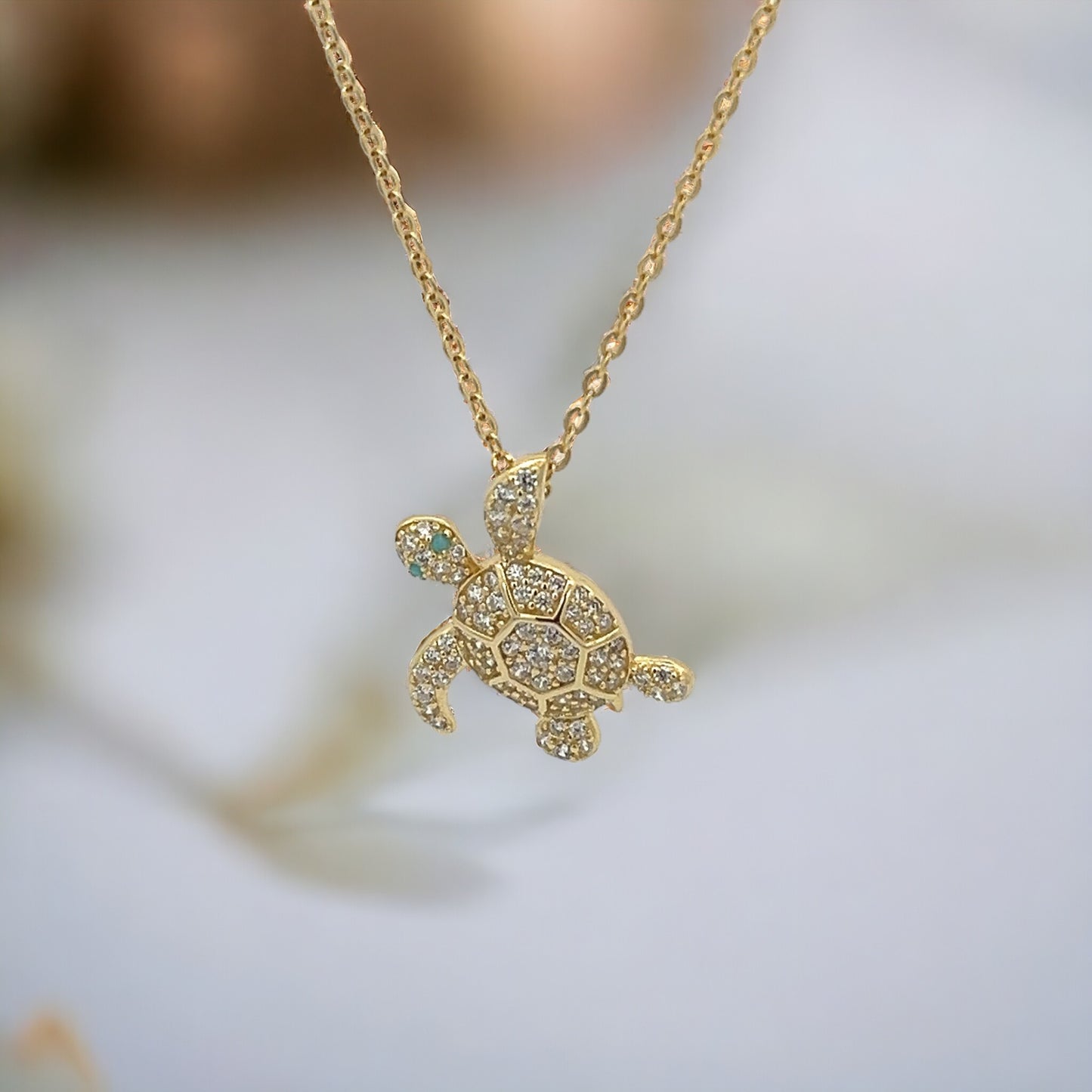 Lucky Turtle Charm with CZ Stone Necklace