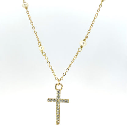 CZ Cross w/Pearl Necklace