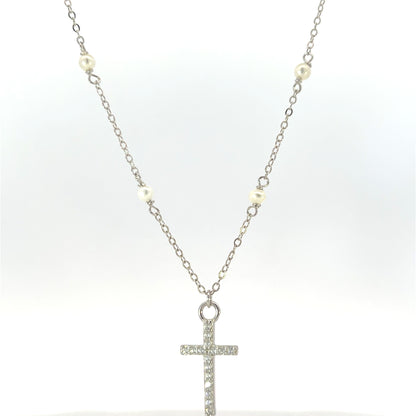 CZ Cross w/Pearl Necklace